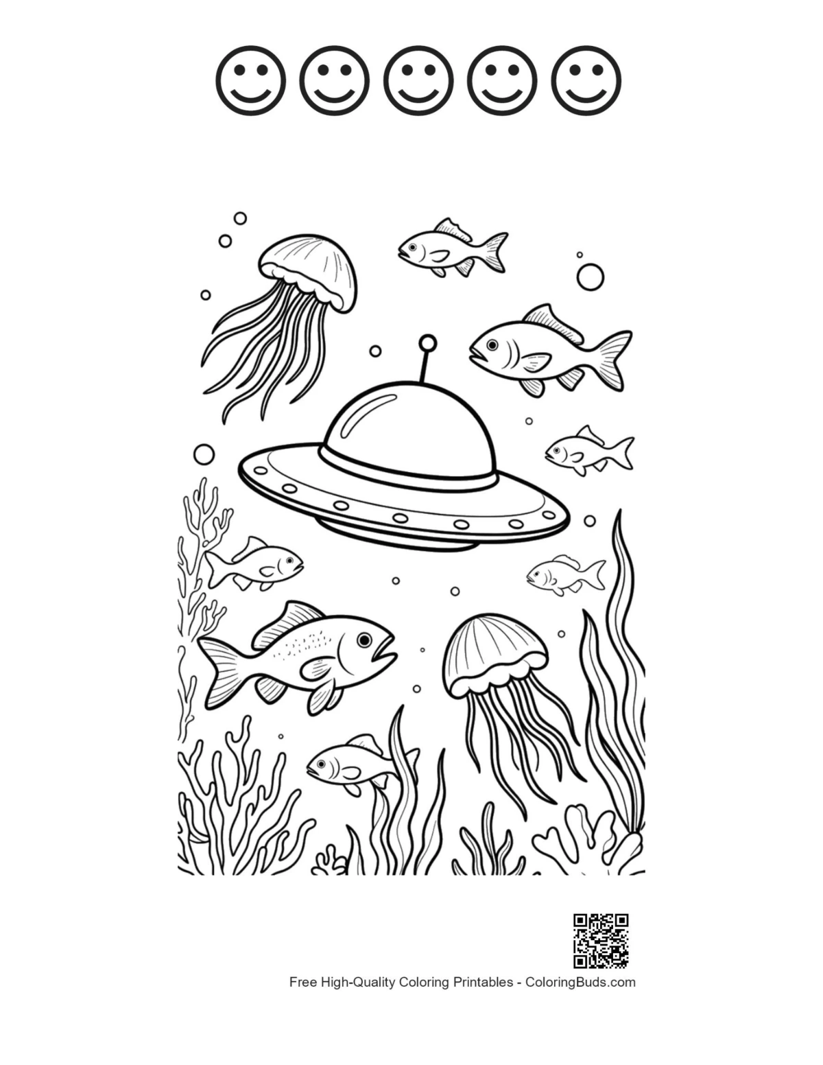 UFO spaceship jellyfish with 5 happy faces printable