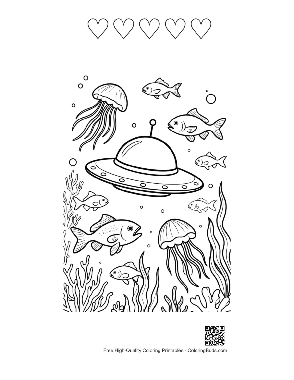 UFO deep ocean printable with jellyfish heart outlines
