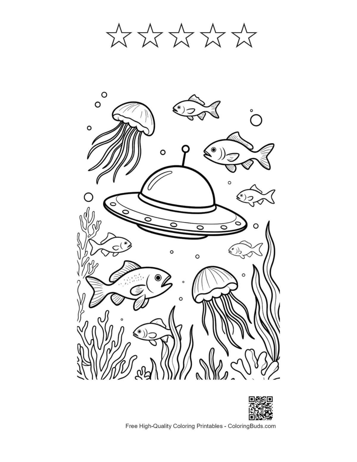UFO ocean jellyfish printable with 5 star outlines