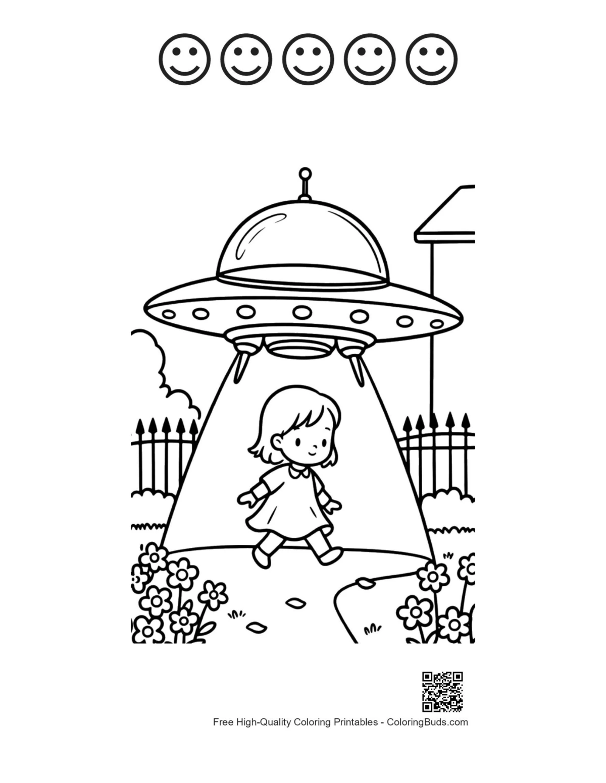 Cute UFO 5 happy faces coloring printable