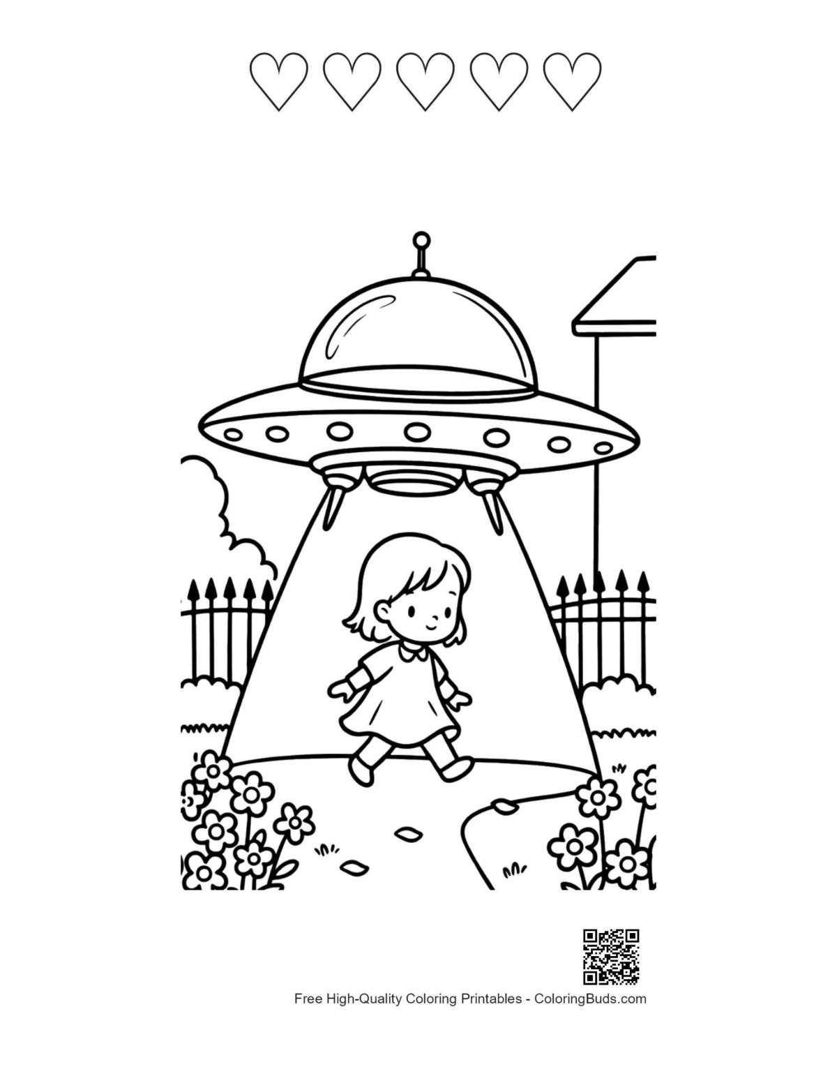 UFO hearts outlines printable coloring page