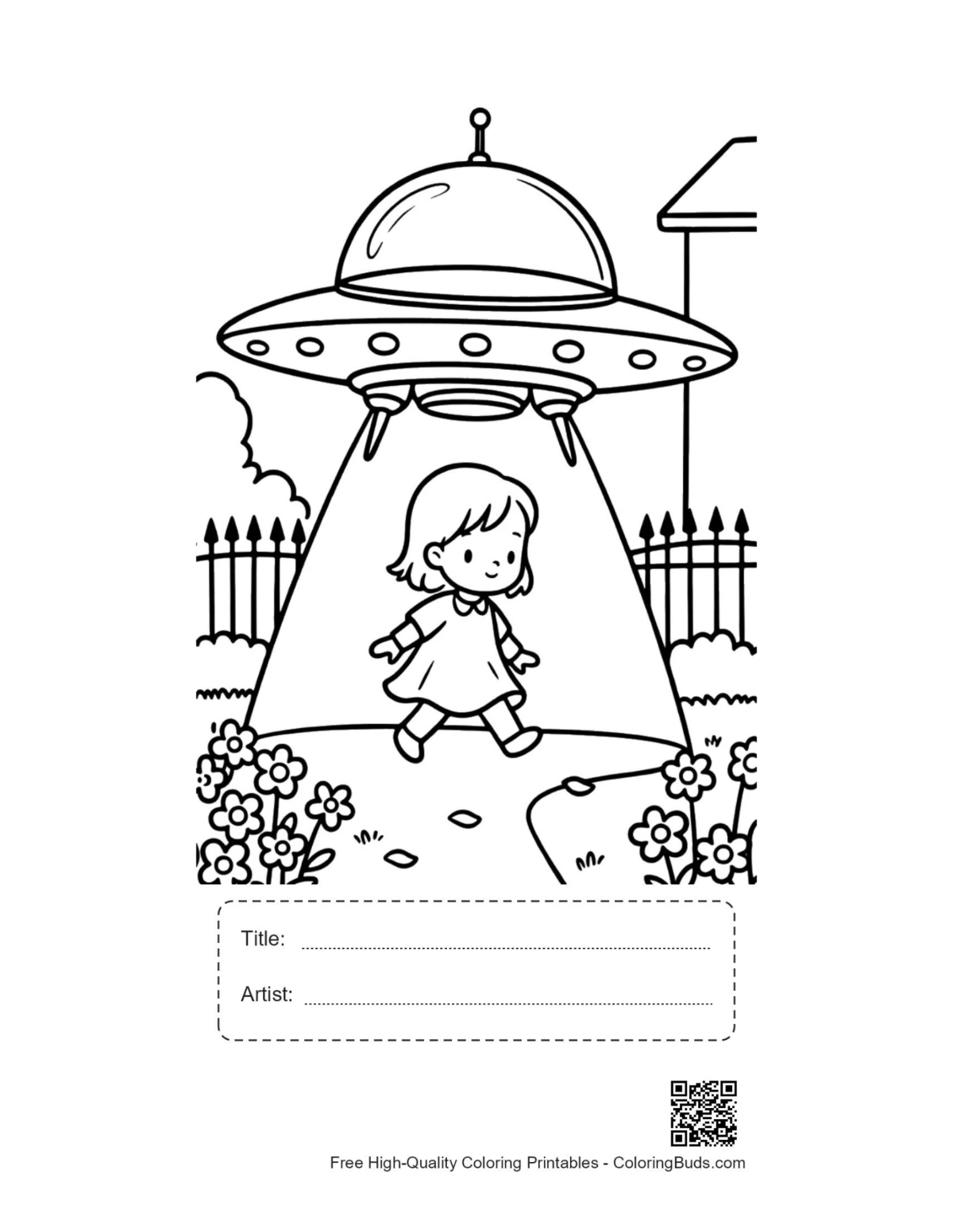 UFO coloring page with title artist box