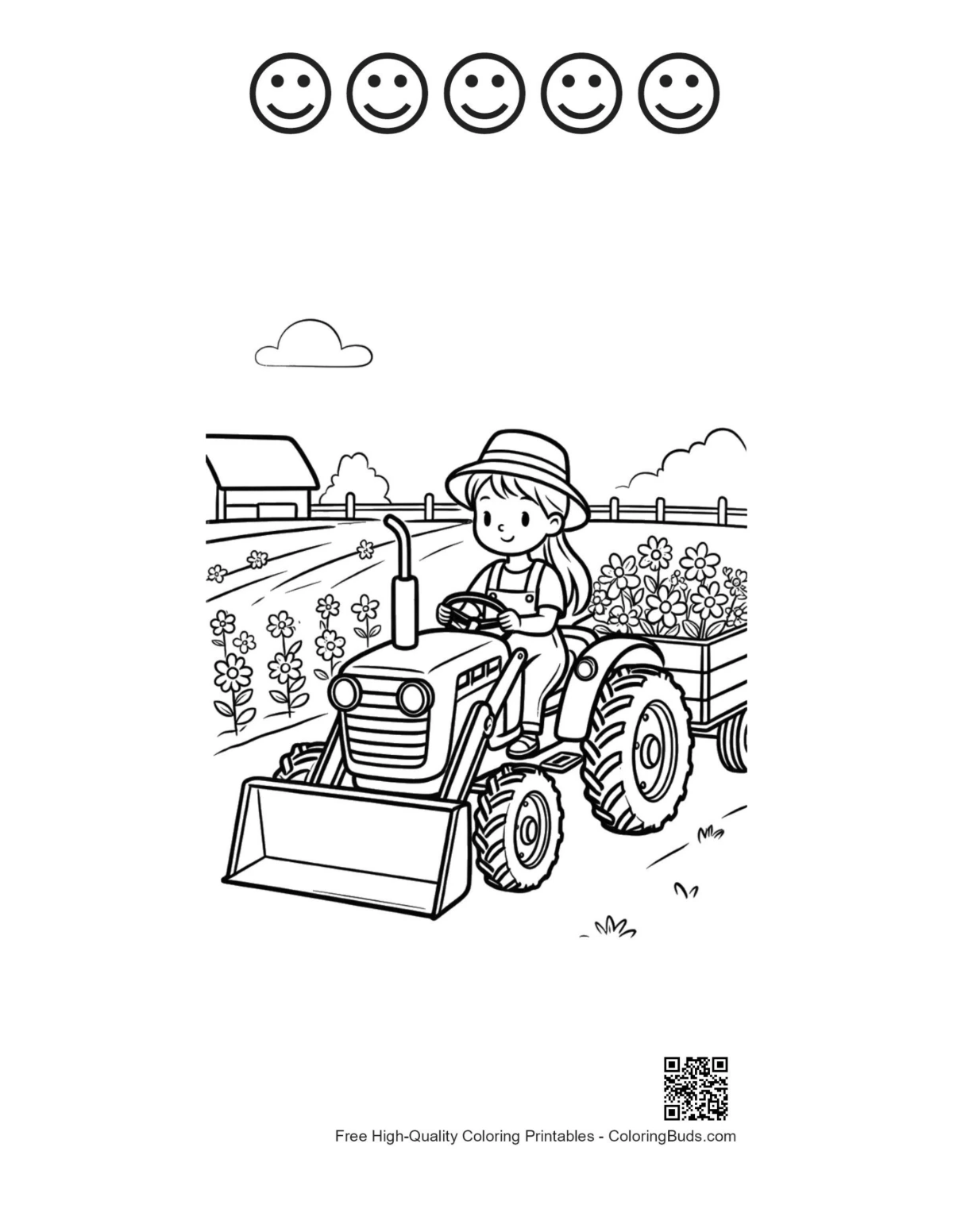 Farm tractor 5 happy faces outlines coloring sheet