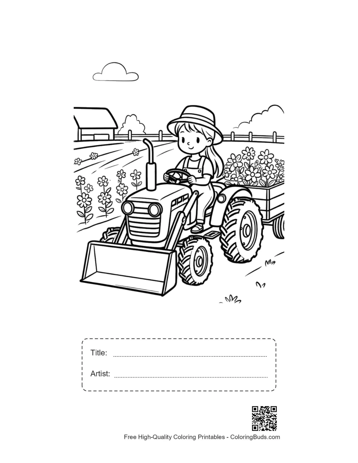 Farm tractor printable with title artist box coloring page
