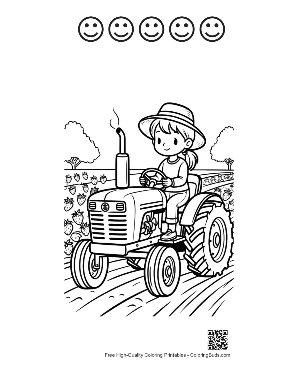 Farm tractor with 5 happy face outlines coloring