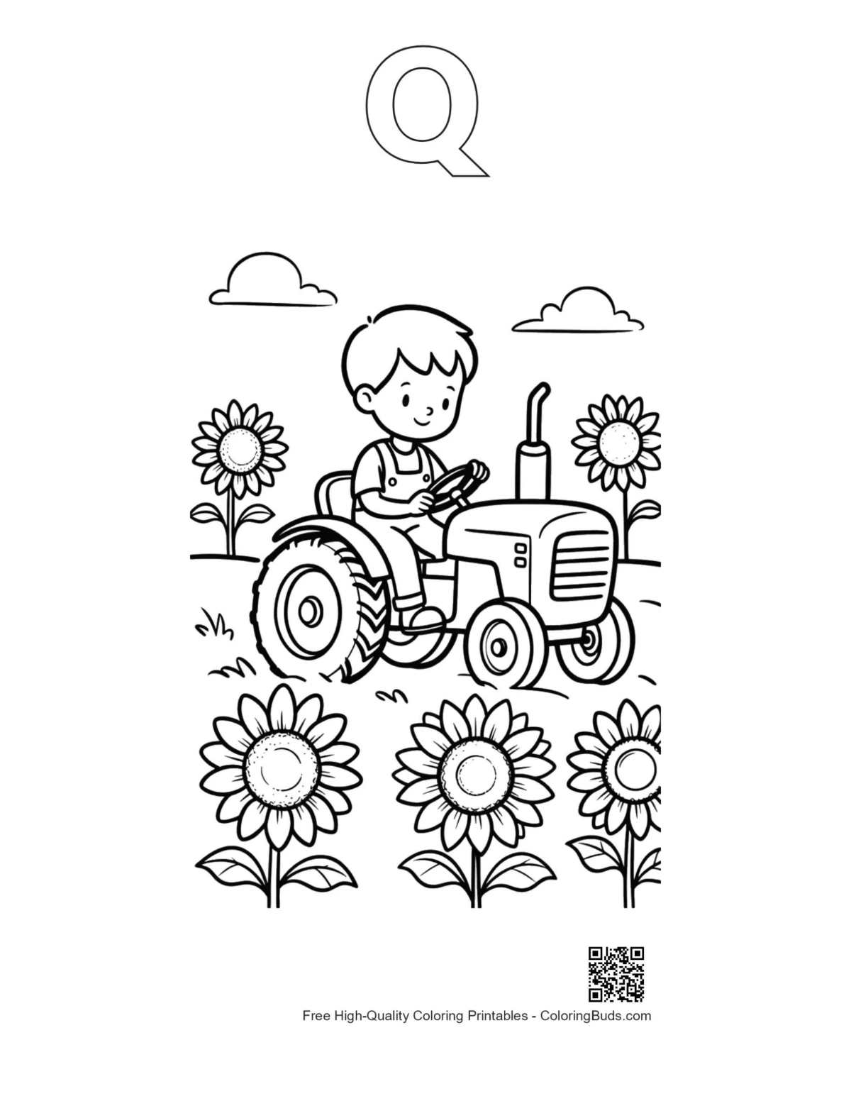 Boy tractor coloring page with Q outline