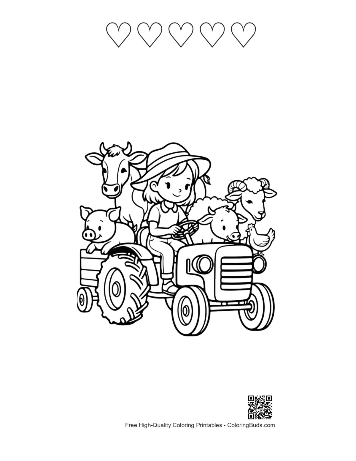 Kid farm tractor animals printable 5 hearts
