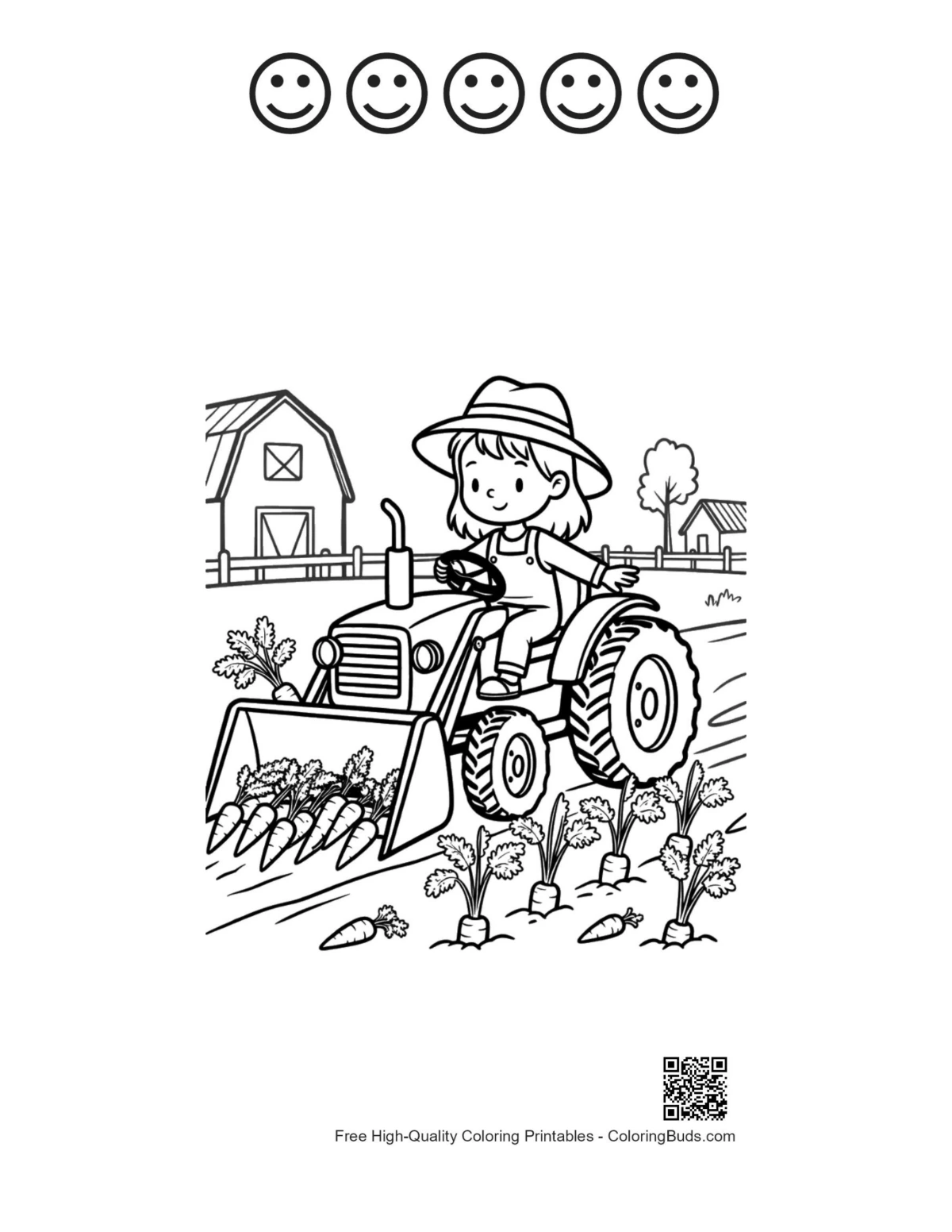 Girl tractor coloring with 5 happy faces