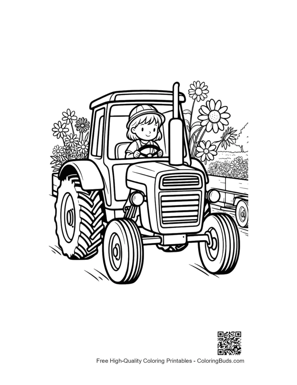 Modern farm tractor coloring page near trees