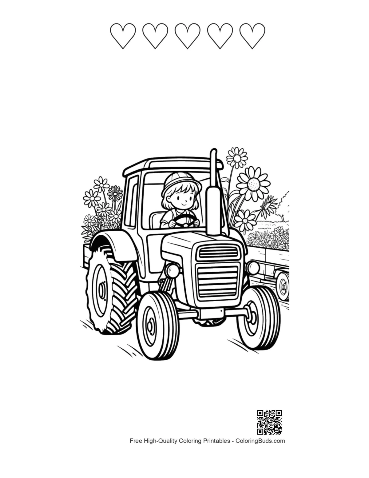 Tractor with 5 heart outline printable