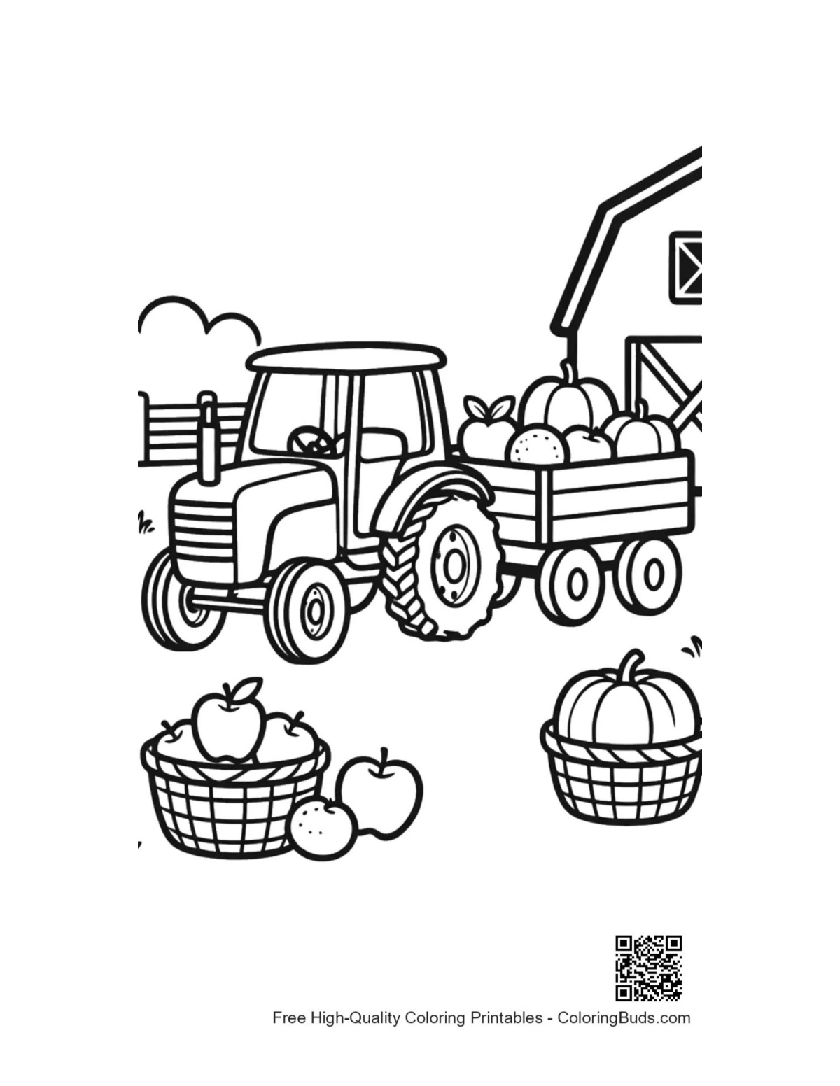 Tractor hauling pumpkins trailer near barn printable