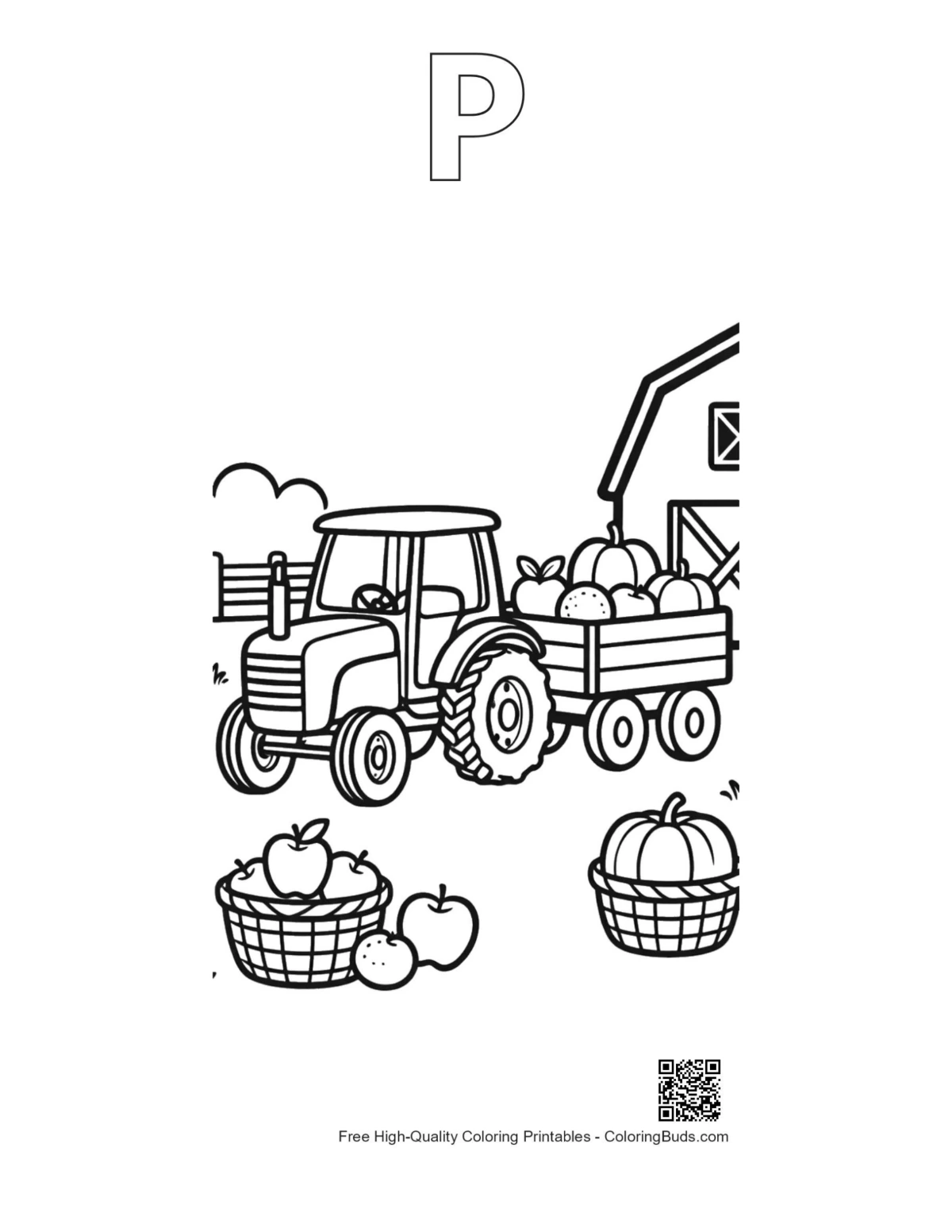 Tractor pumpkins outline with alphabet P printable