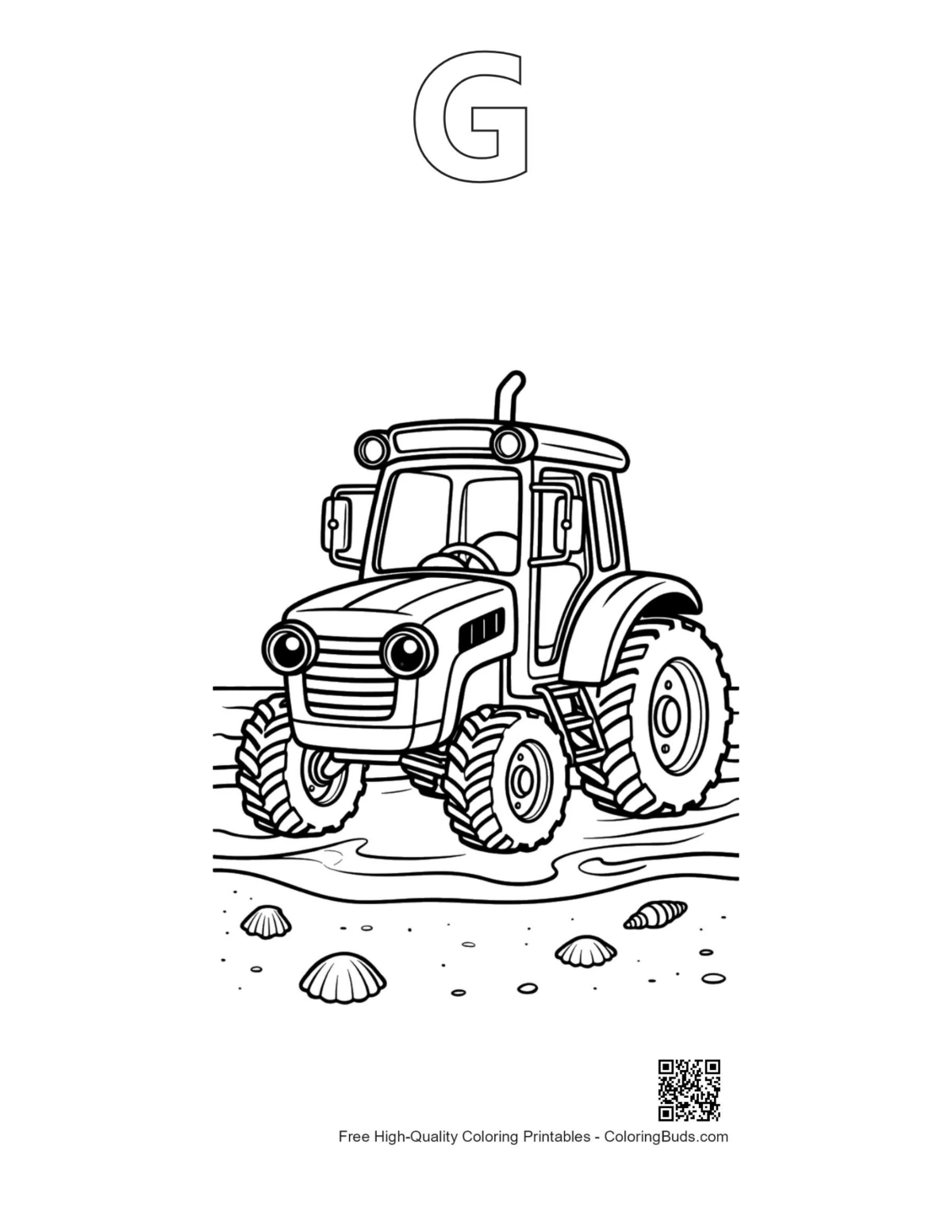 Vintage tractor coloring page with alphabet G outline