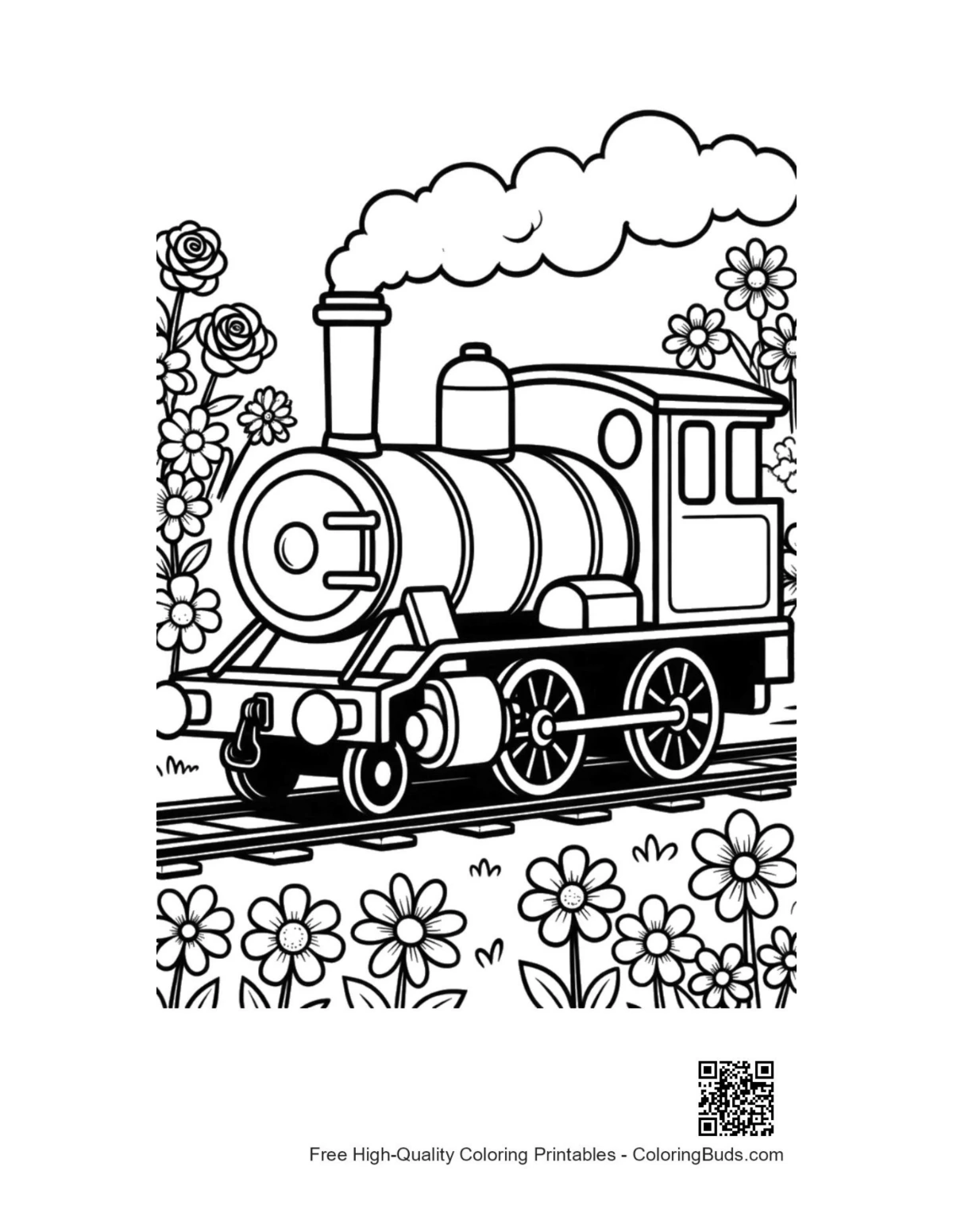 Antique steam train on flowery railway track printable