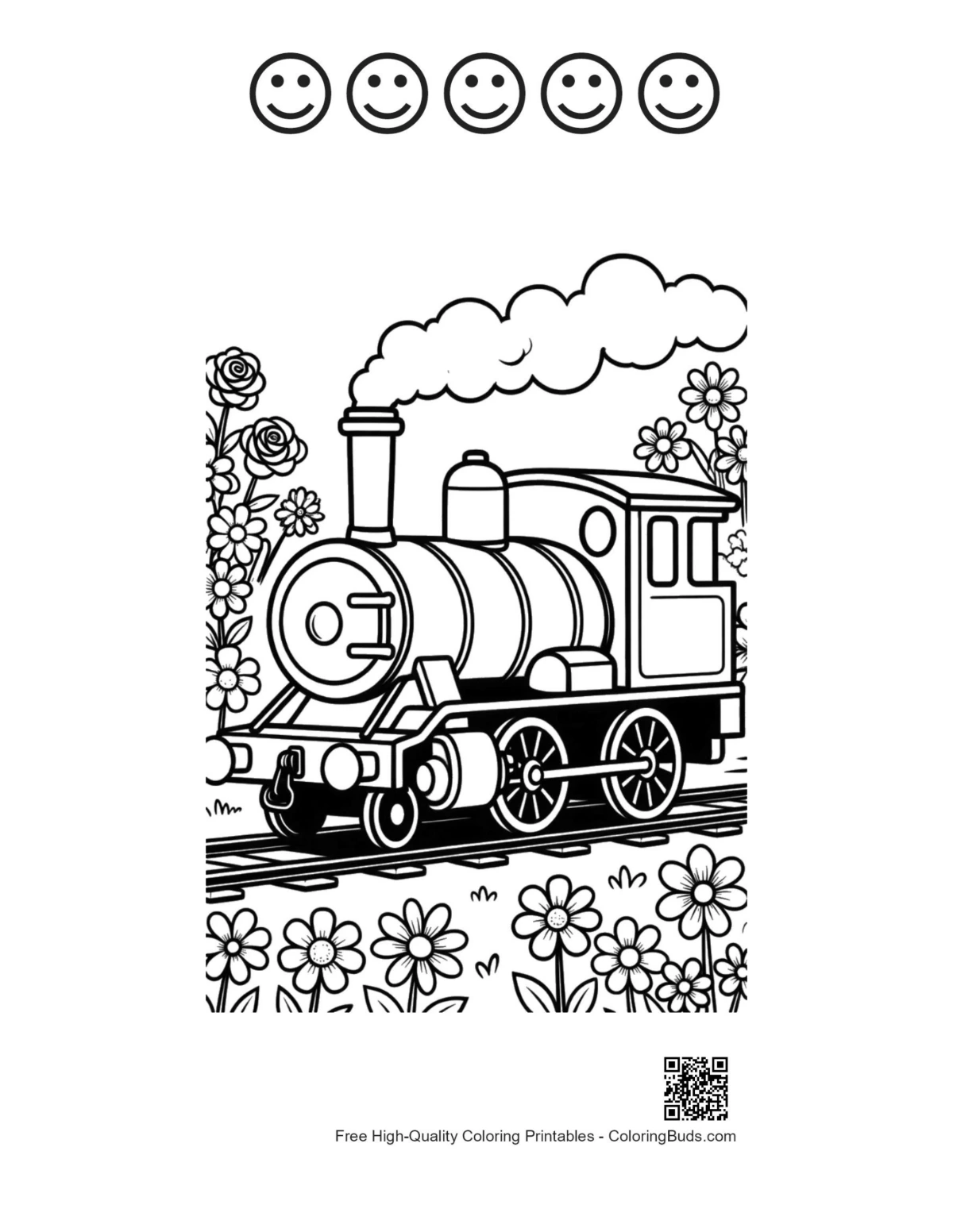 Antique steam train flowery track with 5 happy face outlines