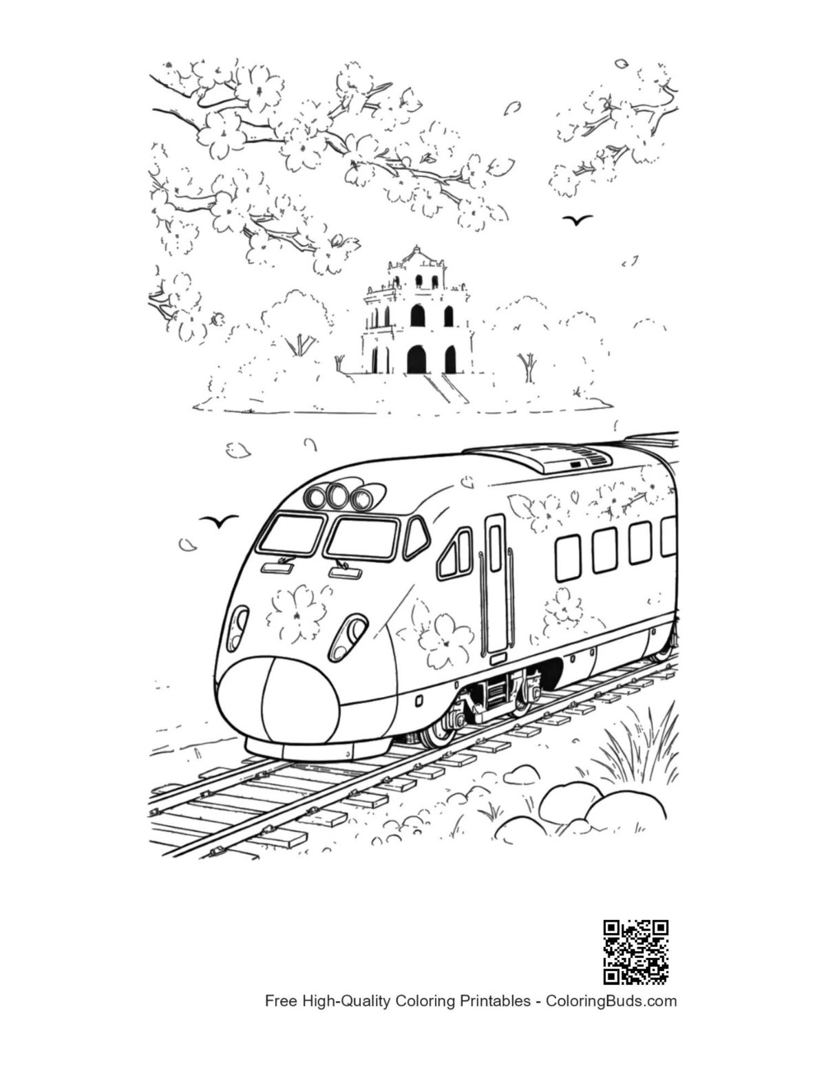 Bullet train past pagoda printable coloring page