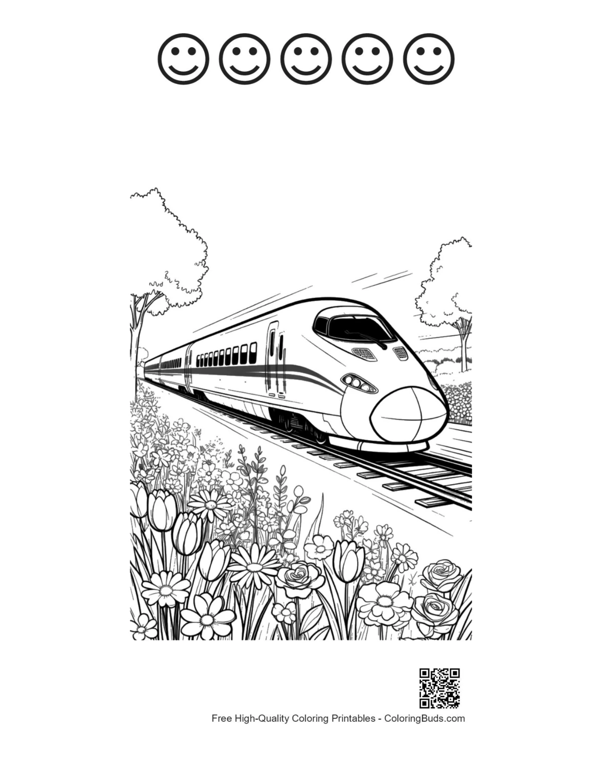 Bullet train coloring with 5 happy faces