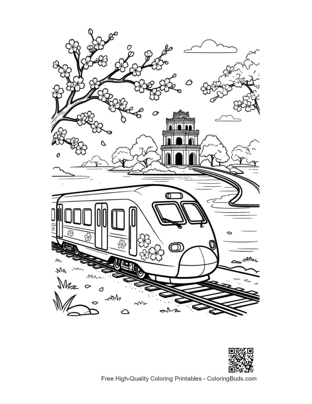 Bullet train in ancient valley coloring page printable
