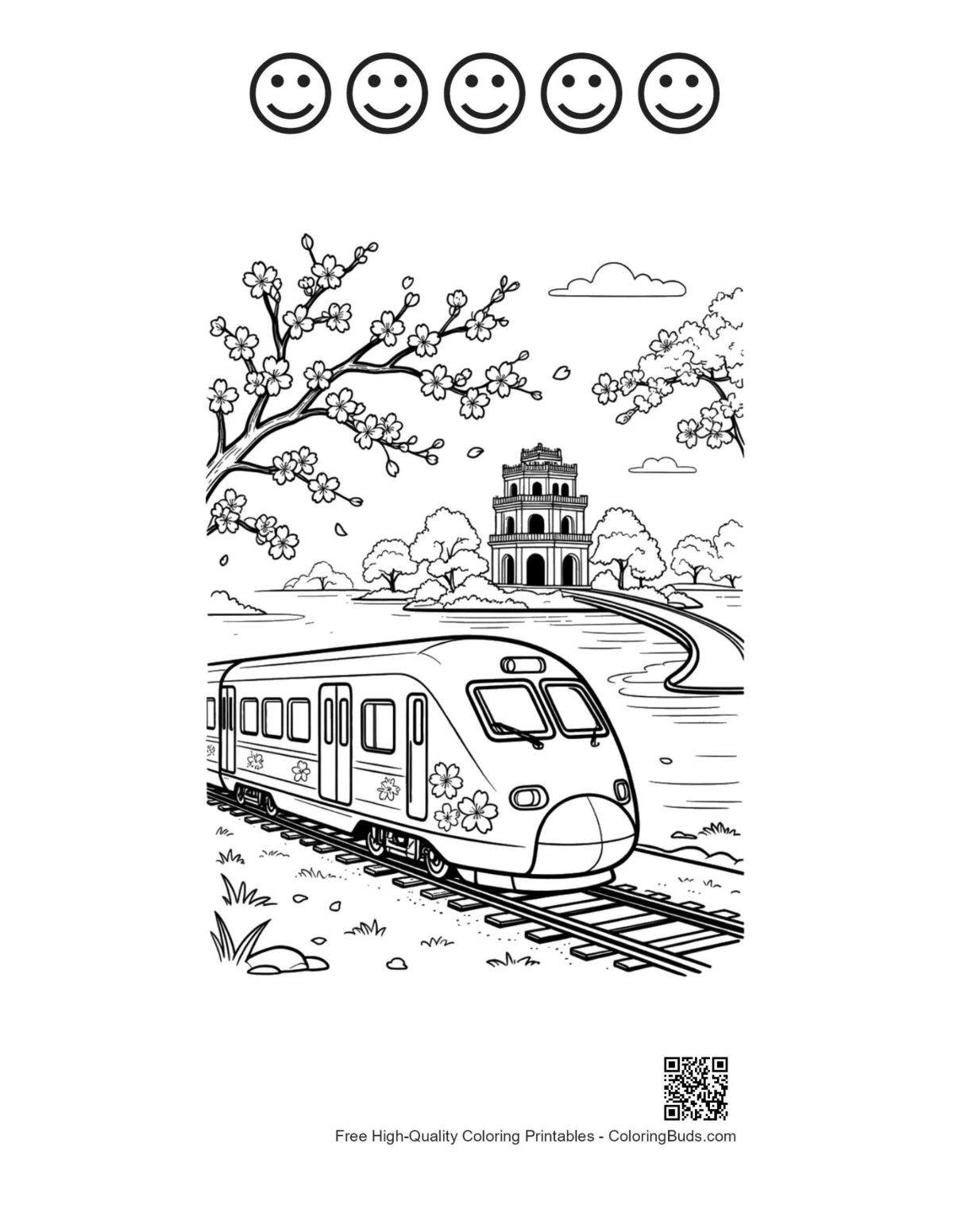 Bullet train printable with 5 happy faces outline