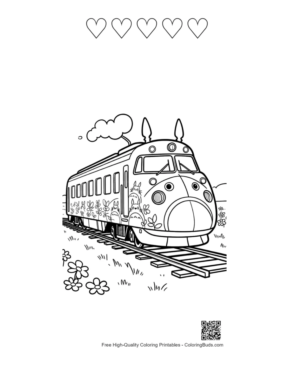 Bunny Shinkansen hearts outline coloring page printable