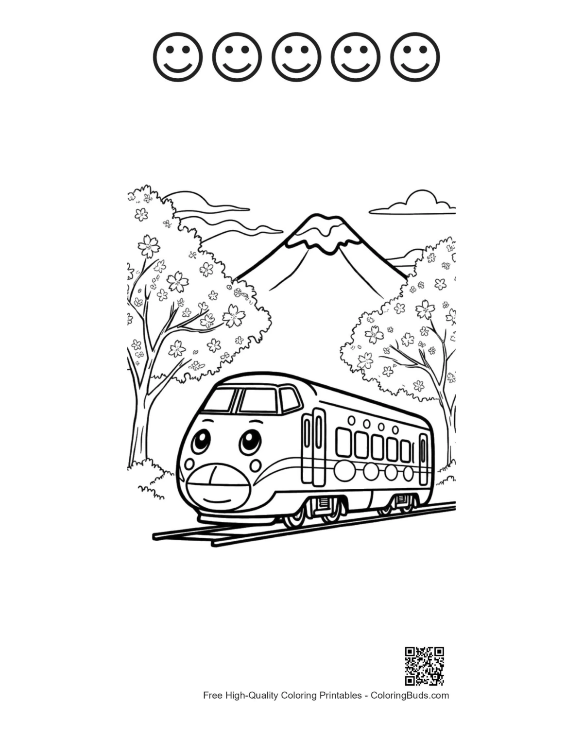 Bullet train with 5 happy face outlines