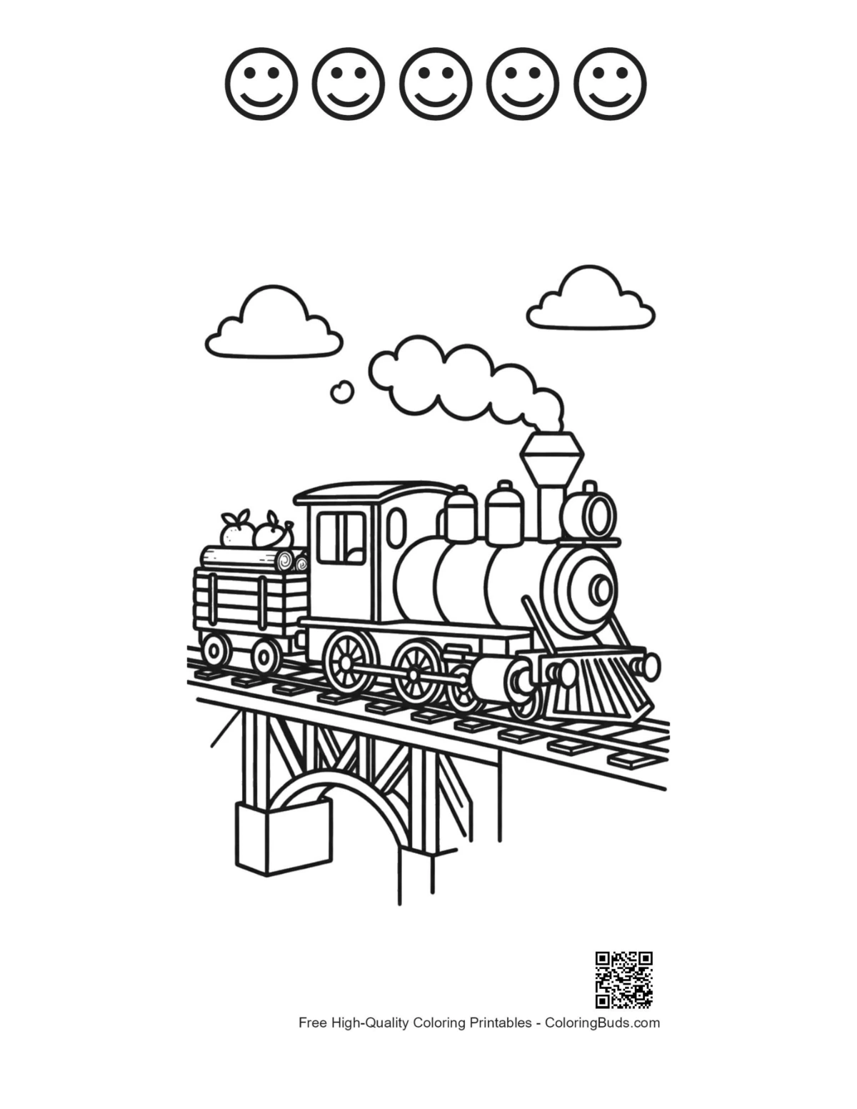 Cute steam engine with 5 happy faces outline printable