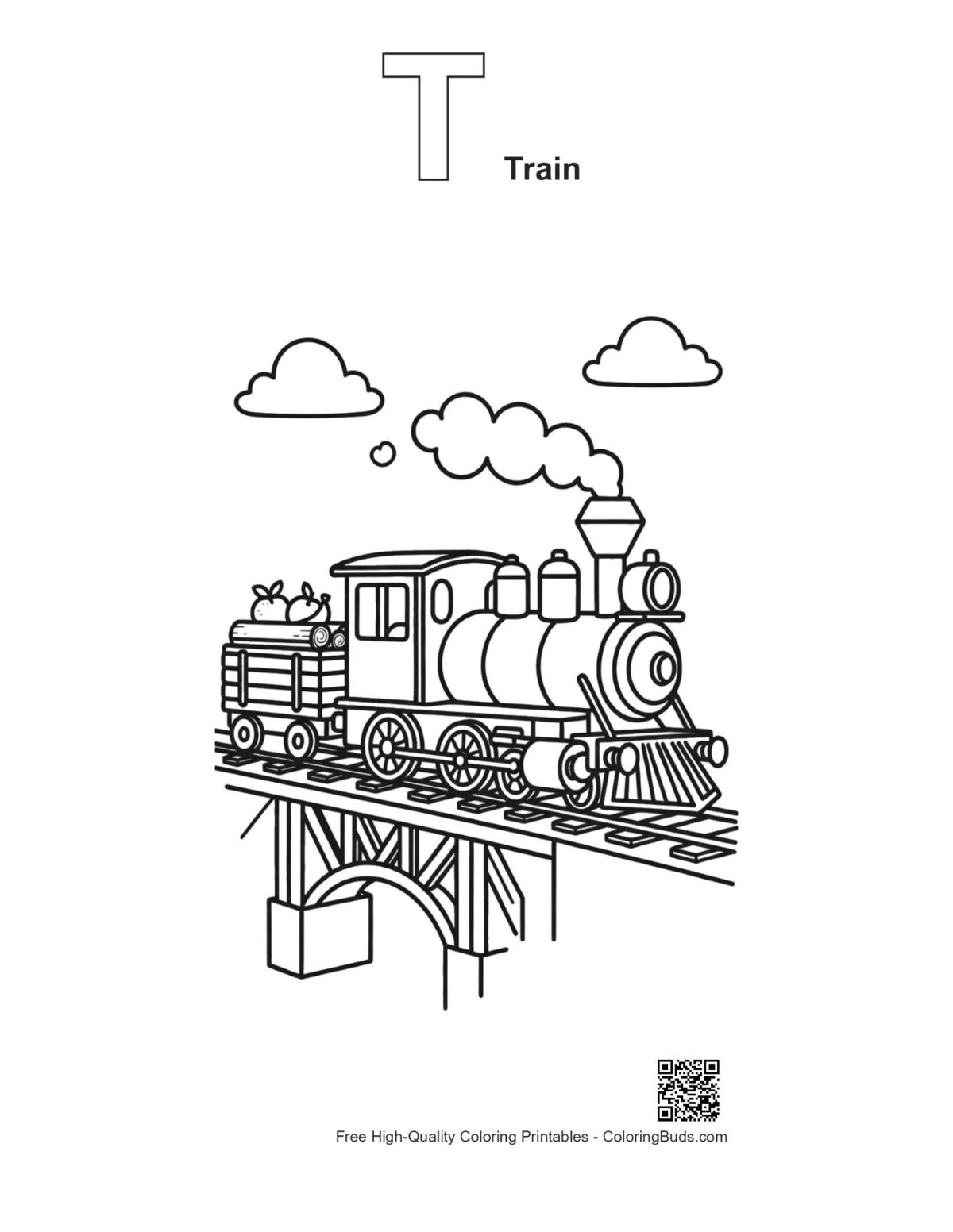 Steam engine coloring outline with T train alphabet
