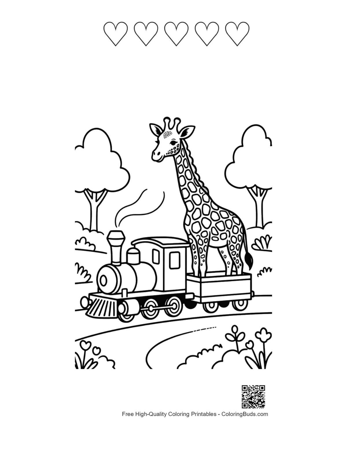 Cute steam engine with 5 hearts outline printable