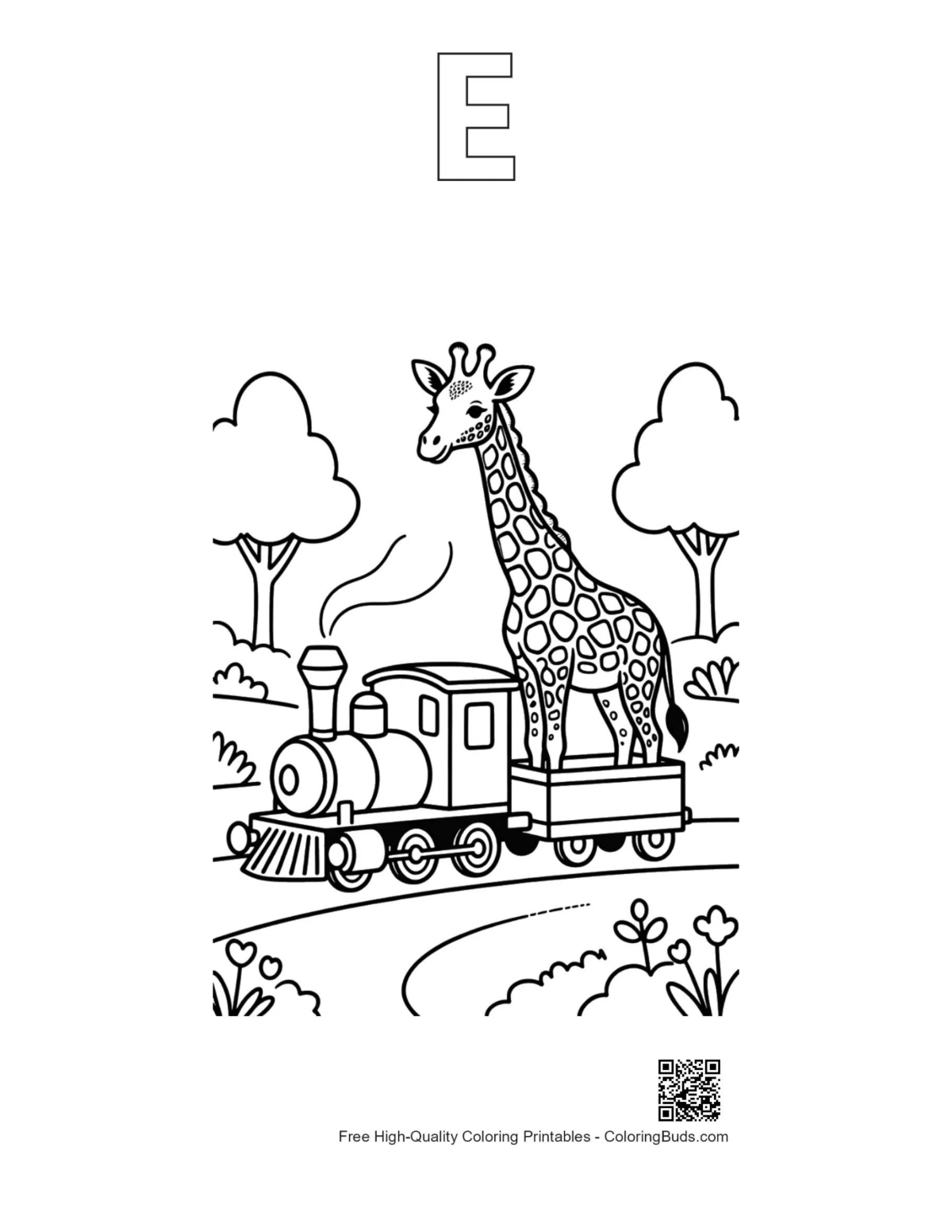 Cute steam engine alphabet E outline printable