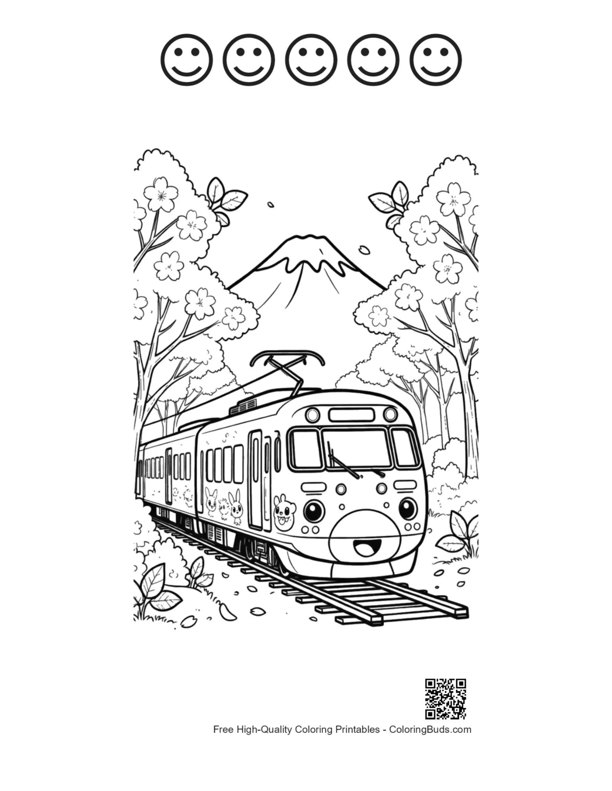 Bullet train with 5 happy face outlines printable
