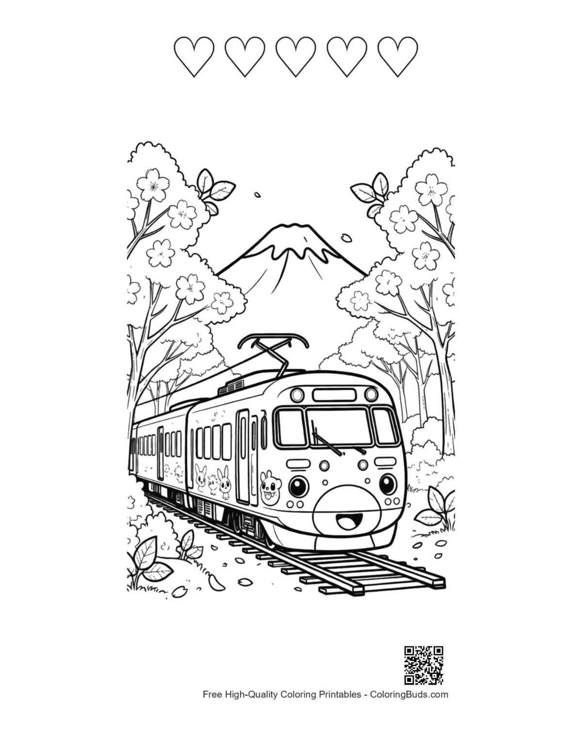 Bullet train printable featuring 5 heart outlines