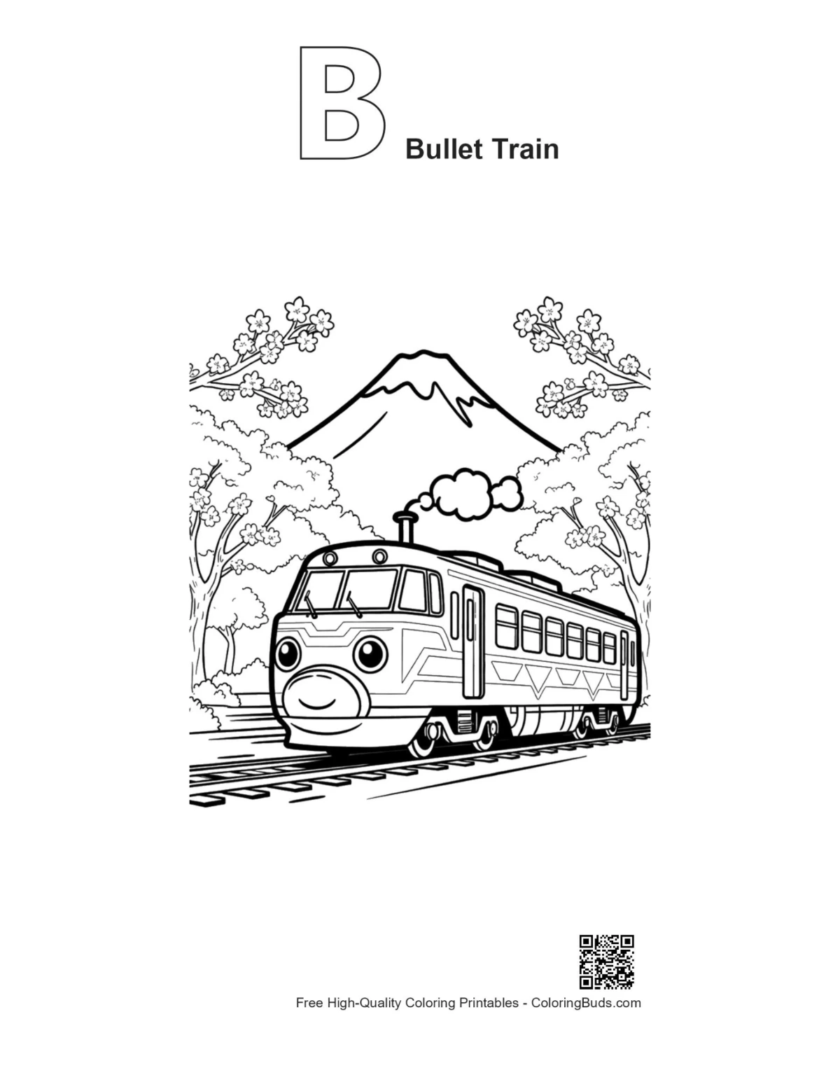 Easy bullet train coloring with alphabet B outline