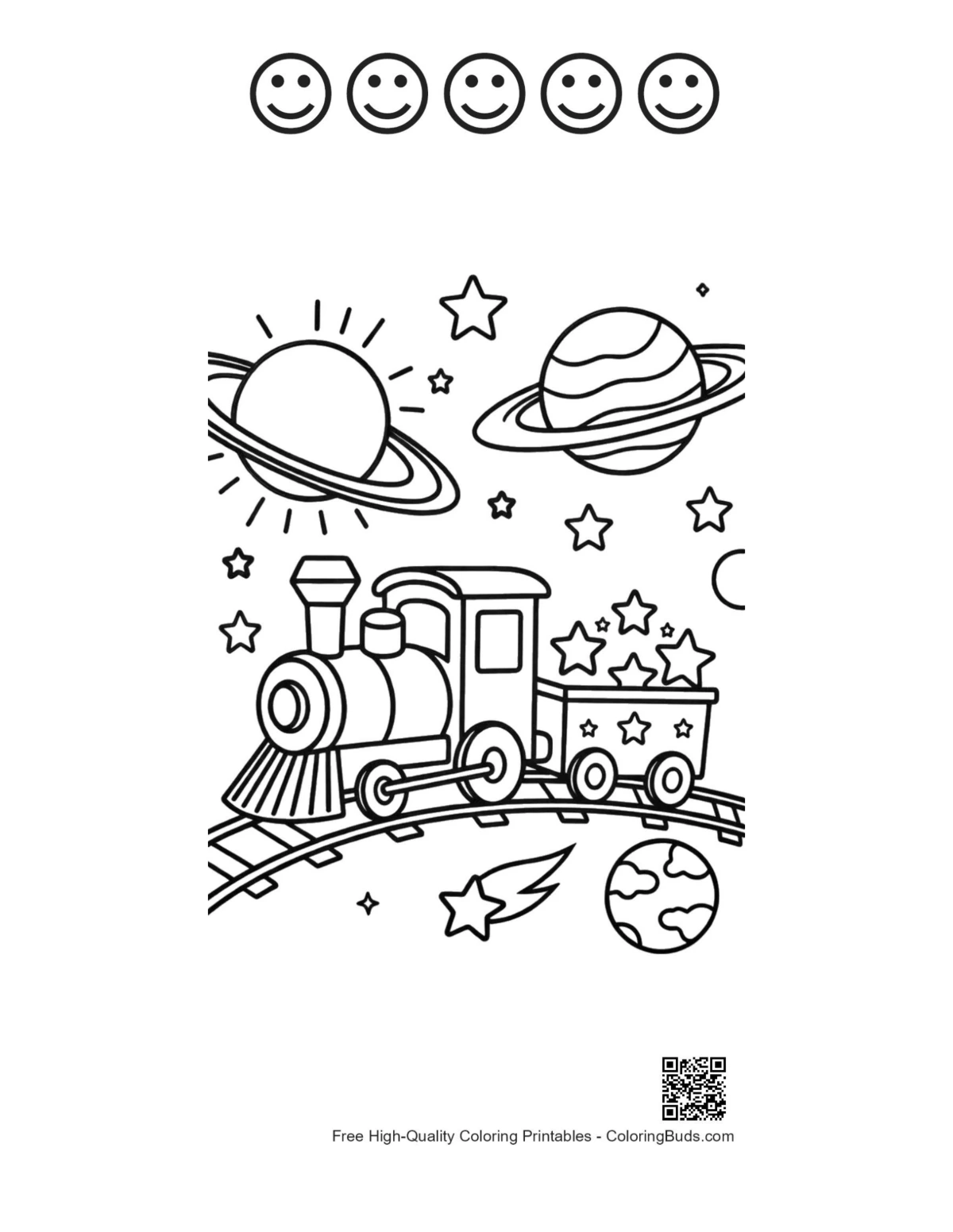 Steam engine and 5 happy face outlines kids printable