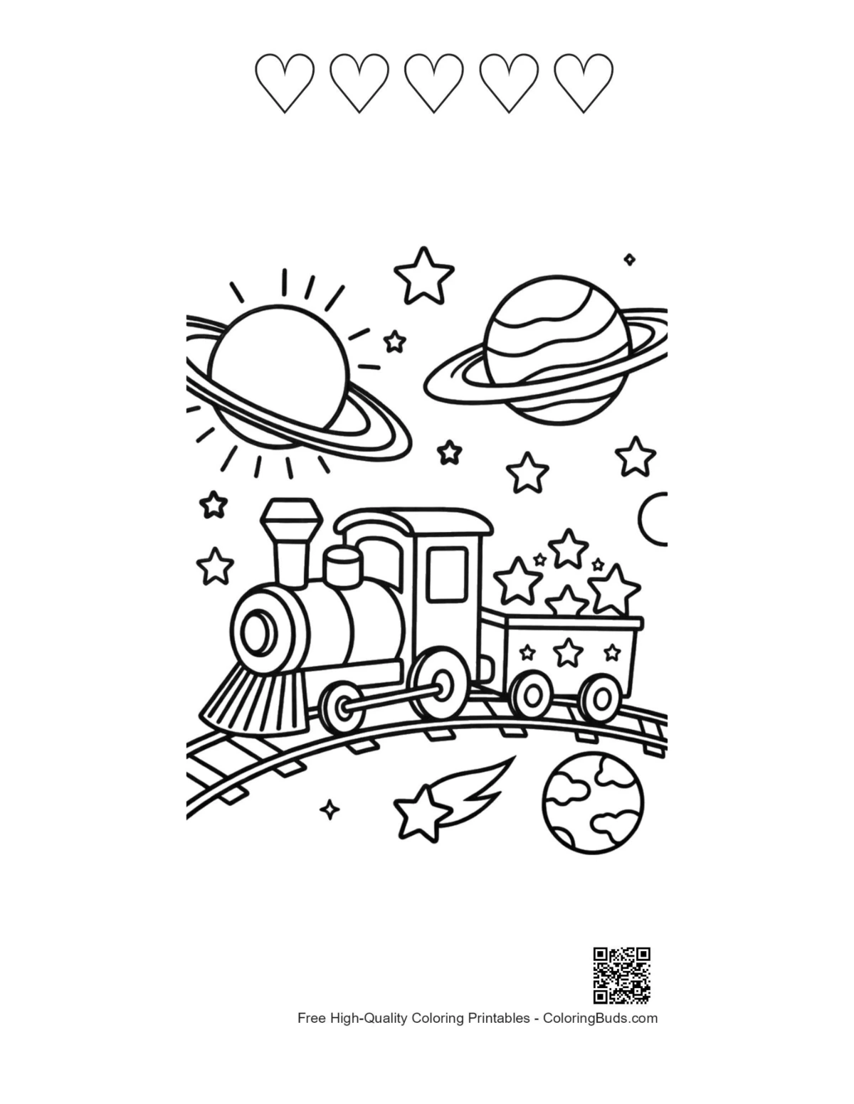Easy steam engine with 5 heart outlines printable for kids