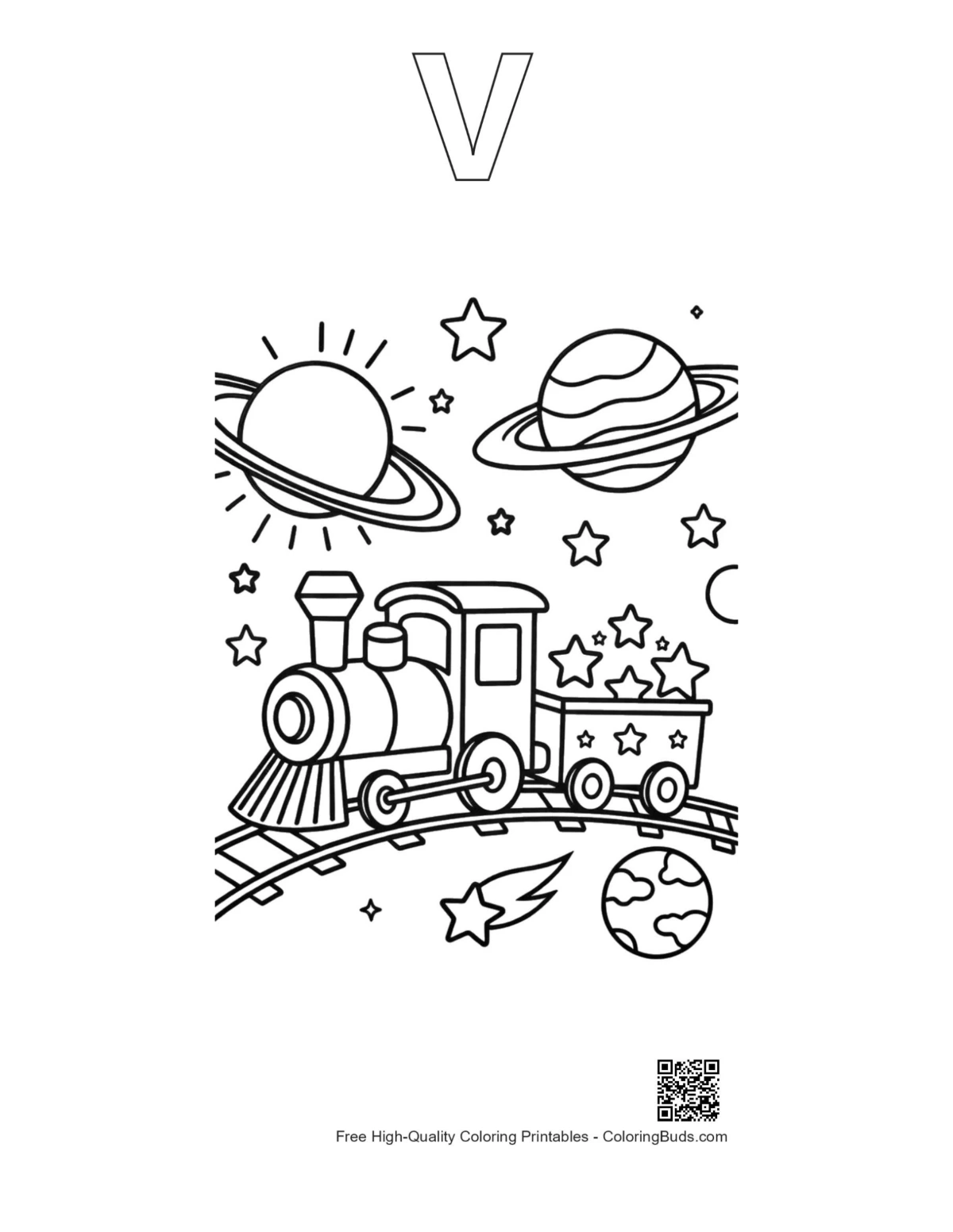 Easy steam engine outline with alphabet V for kids printable