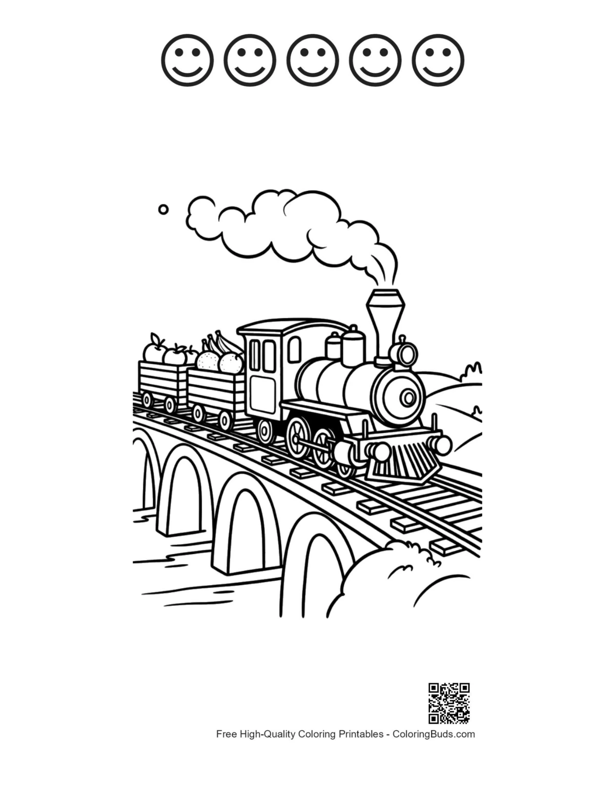 Steam engine coloring with 5 happy faces