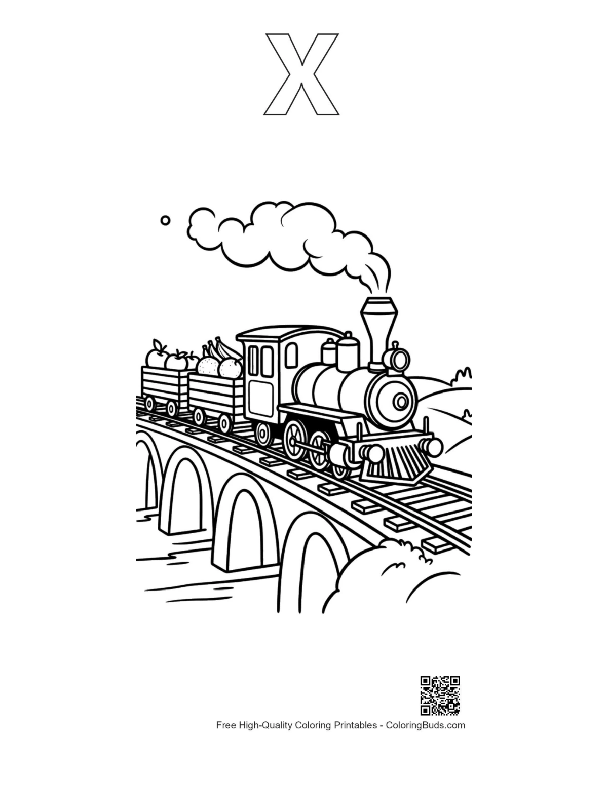 Steam engine coloring with alphabet X outline