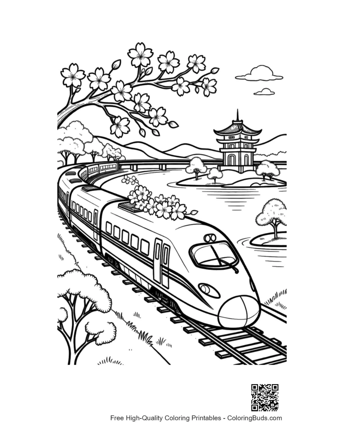 Electric bullet train on bridge near mountain lake printable