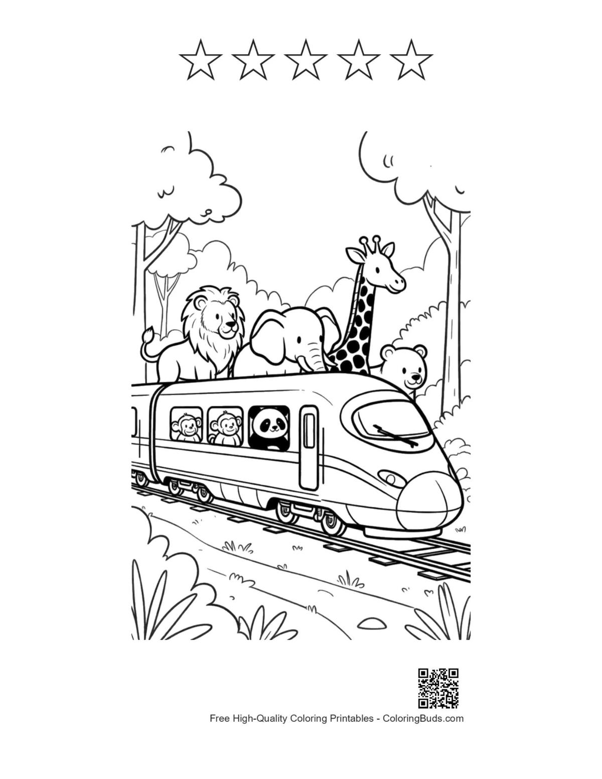 Bullet train panda giraffe with 5 star outlines printable