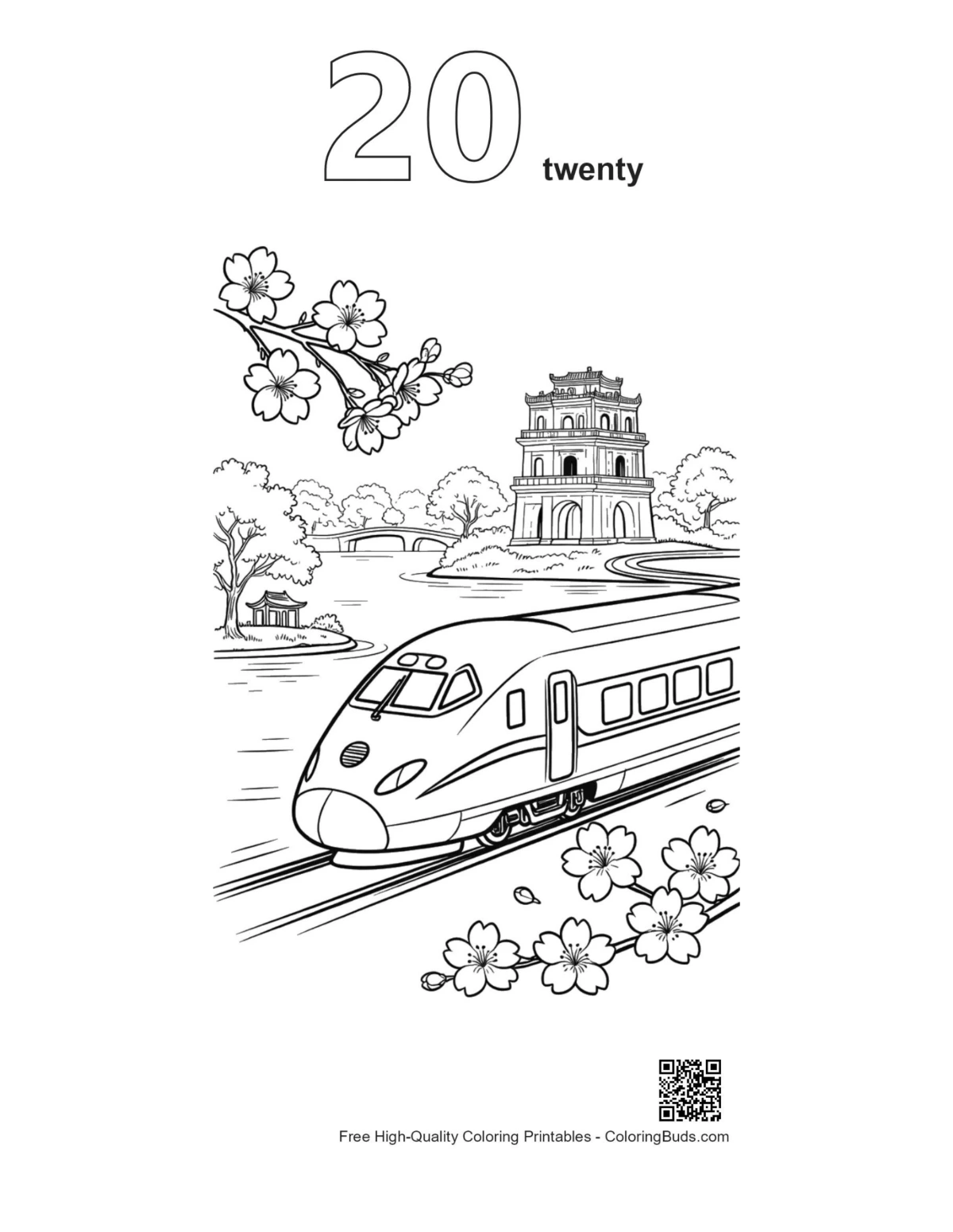 Bullet train temples outline numbered 20 coloring page