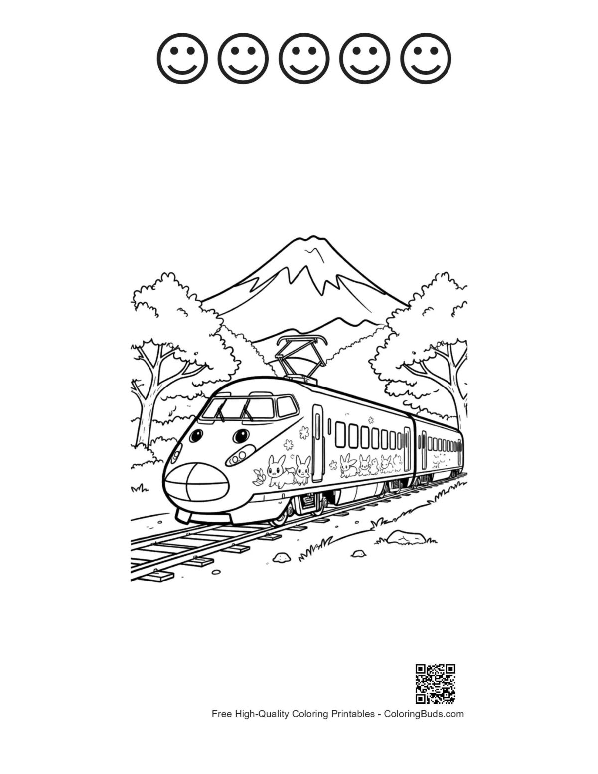Bullet train with 5 happy face outlines kids printable