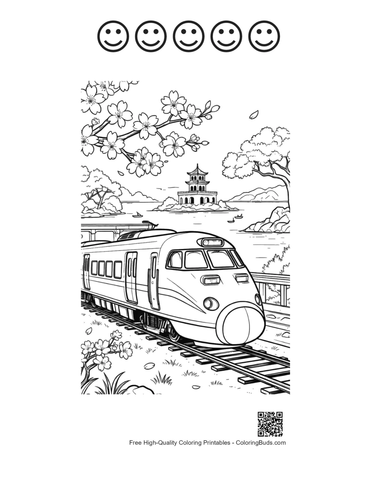 Bullet train printable with 5 happy face outlines