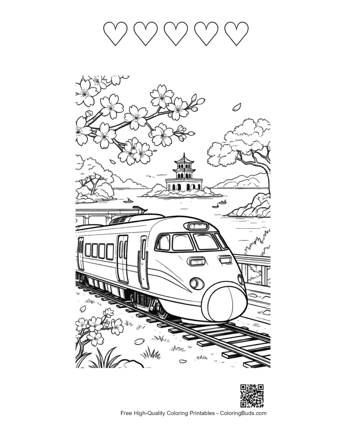 Free bullet train printable with 5 heart outlines