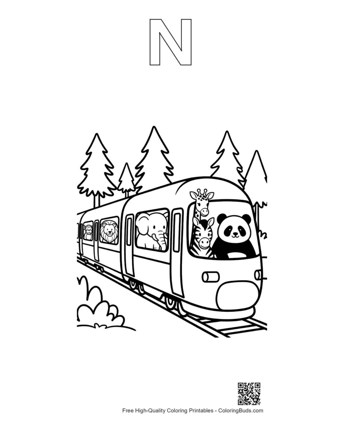 Bullet train outline alphabet N printable