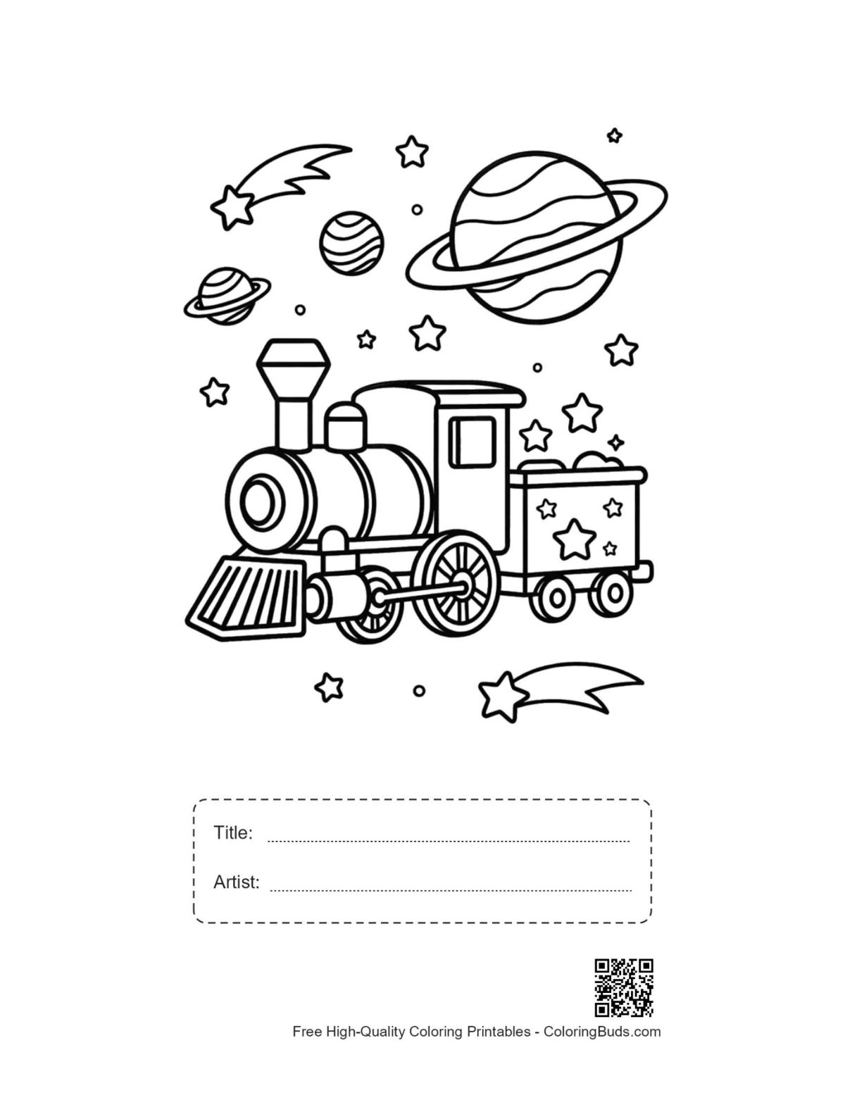 Steam engine printable with title and artist box