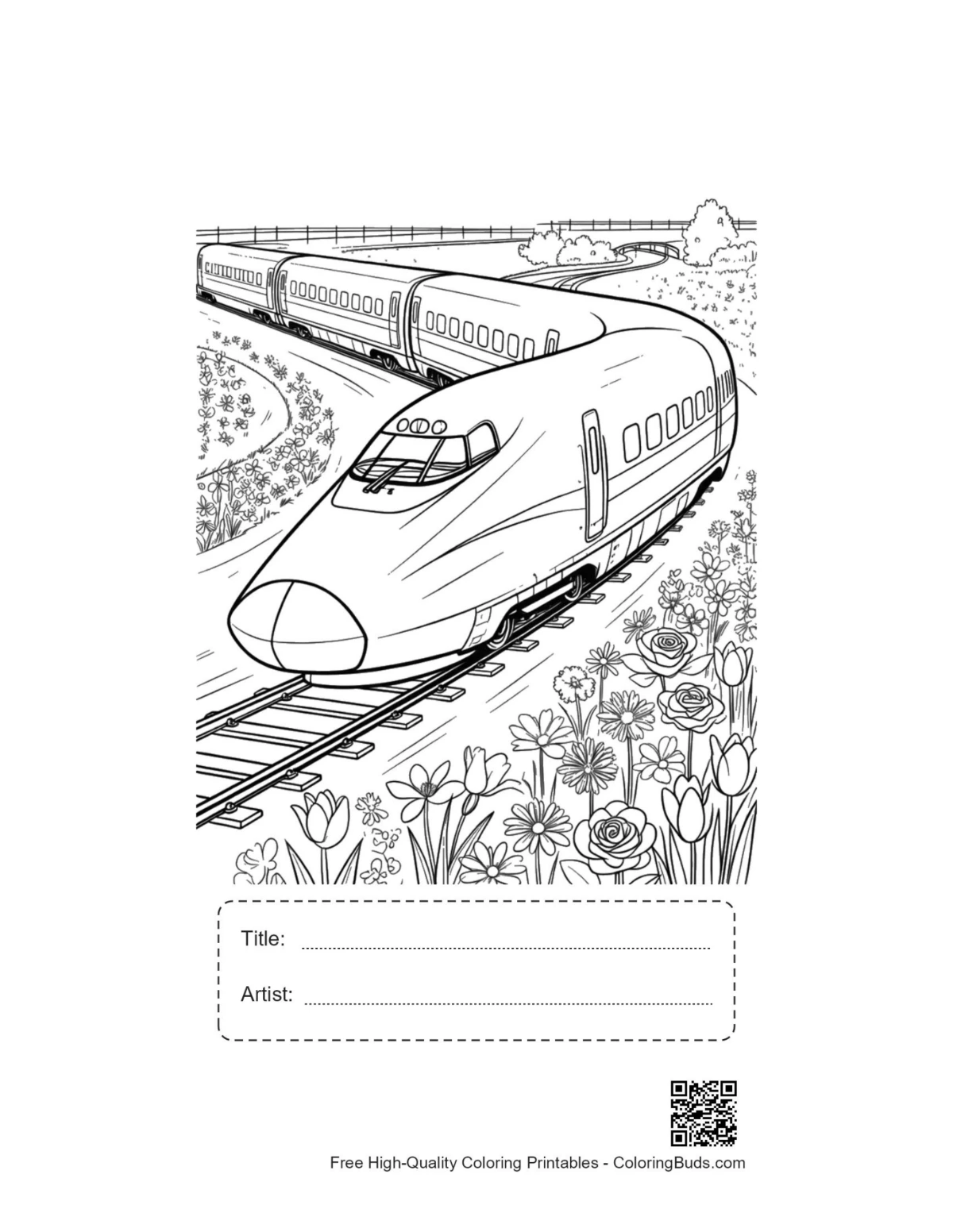 Bullet Train coloring page with title box