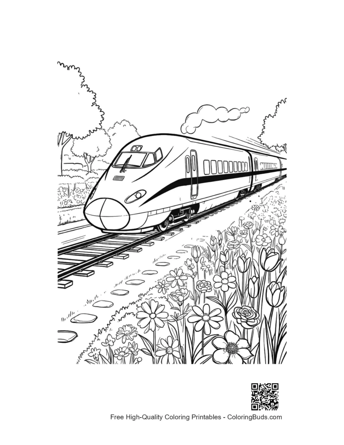 High-speed train in lush green valley coloring page