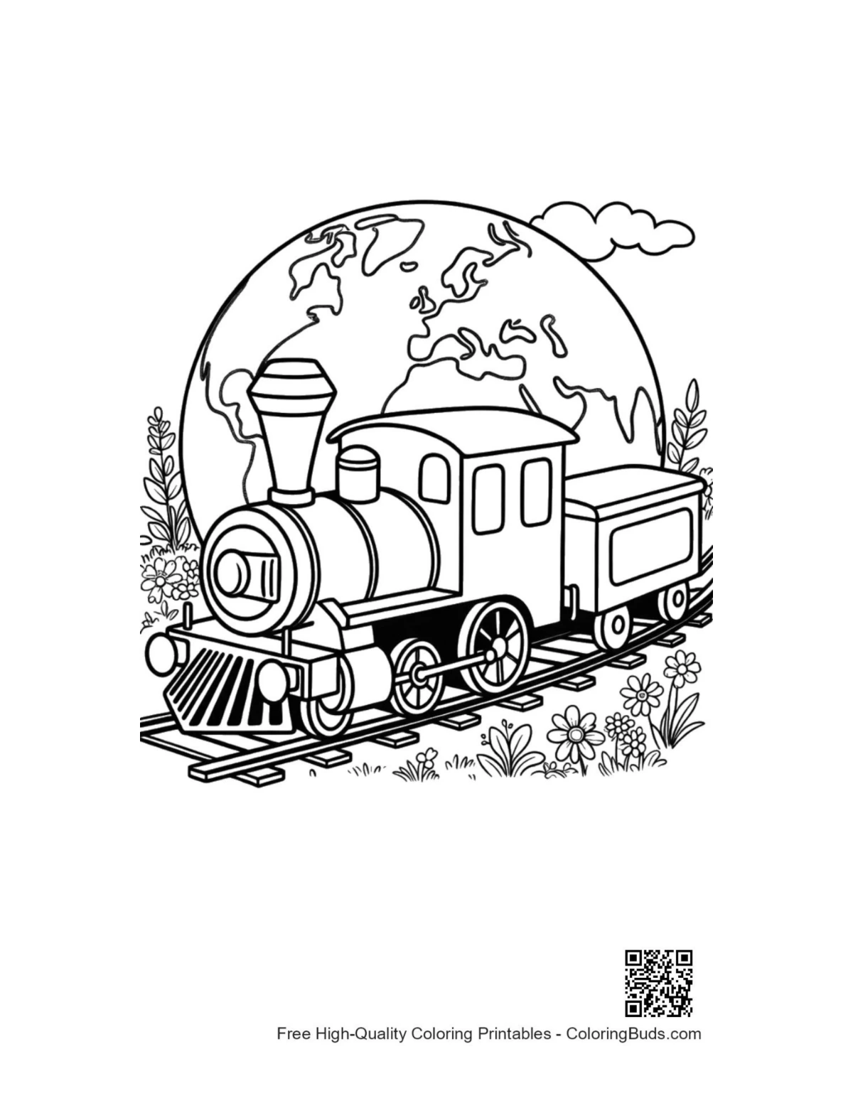 Steam engine locomotive puffing smoke before giant Earth coloring page