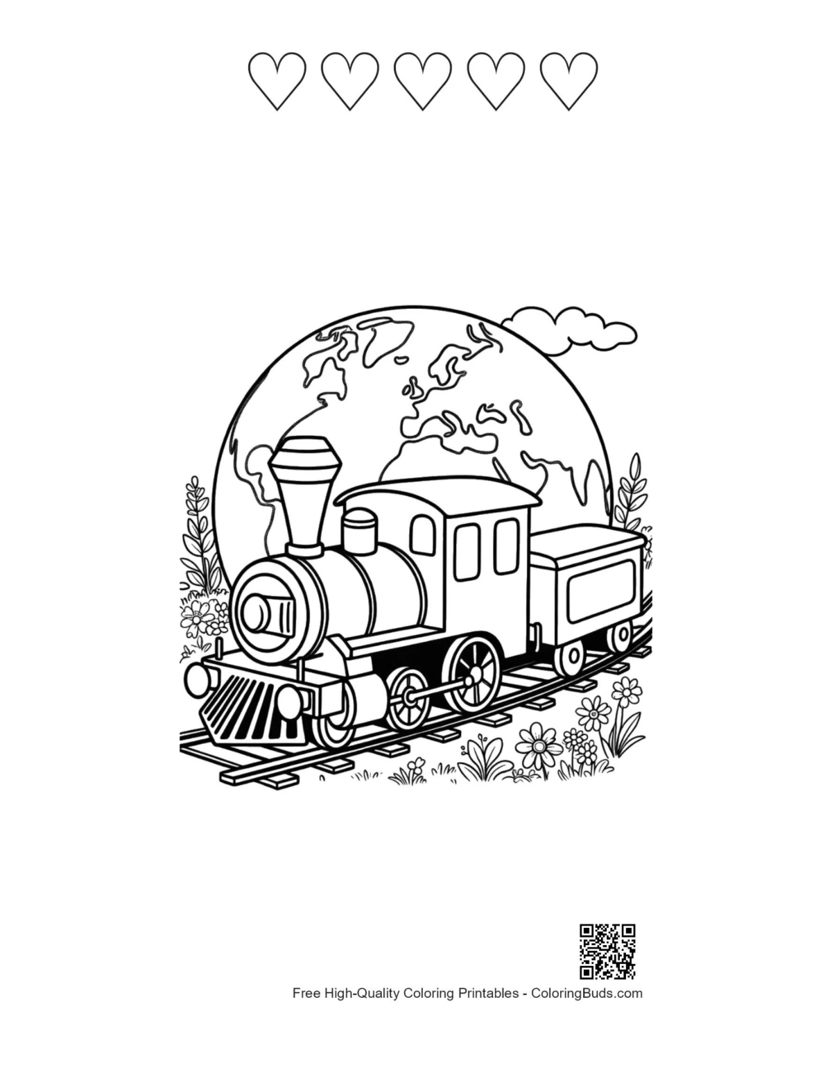 Steam Engine coloring printable featuring hearts, locomotive before Earth