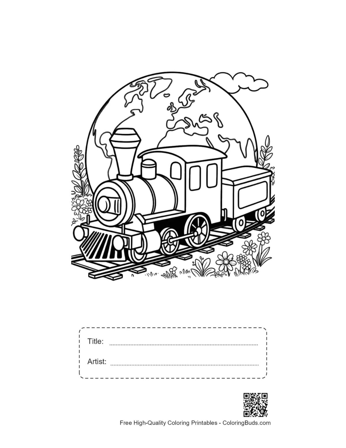Steam engine printable with title box and locomotive before giant Earth